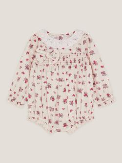 Monsoon Baby Cotton Long Sleeved Floral Romper, Ivory, Ivory