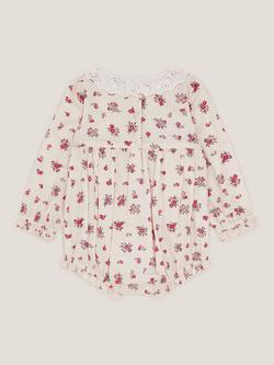 Monsoon Baby Cotton Long Sleeved Floral Romper, Ivory - view 2, Ivory