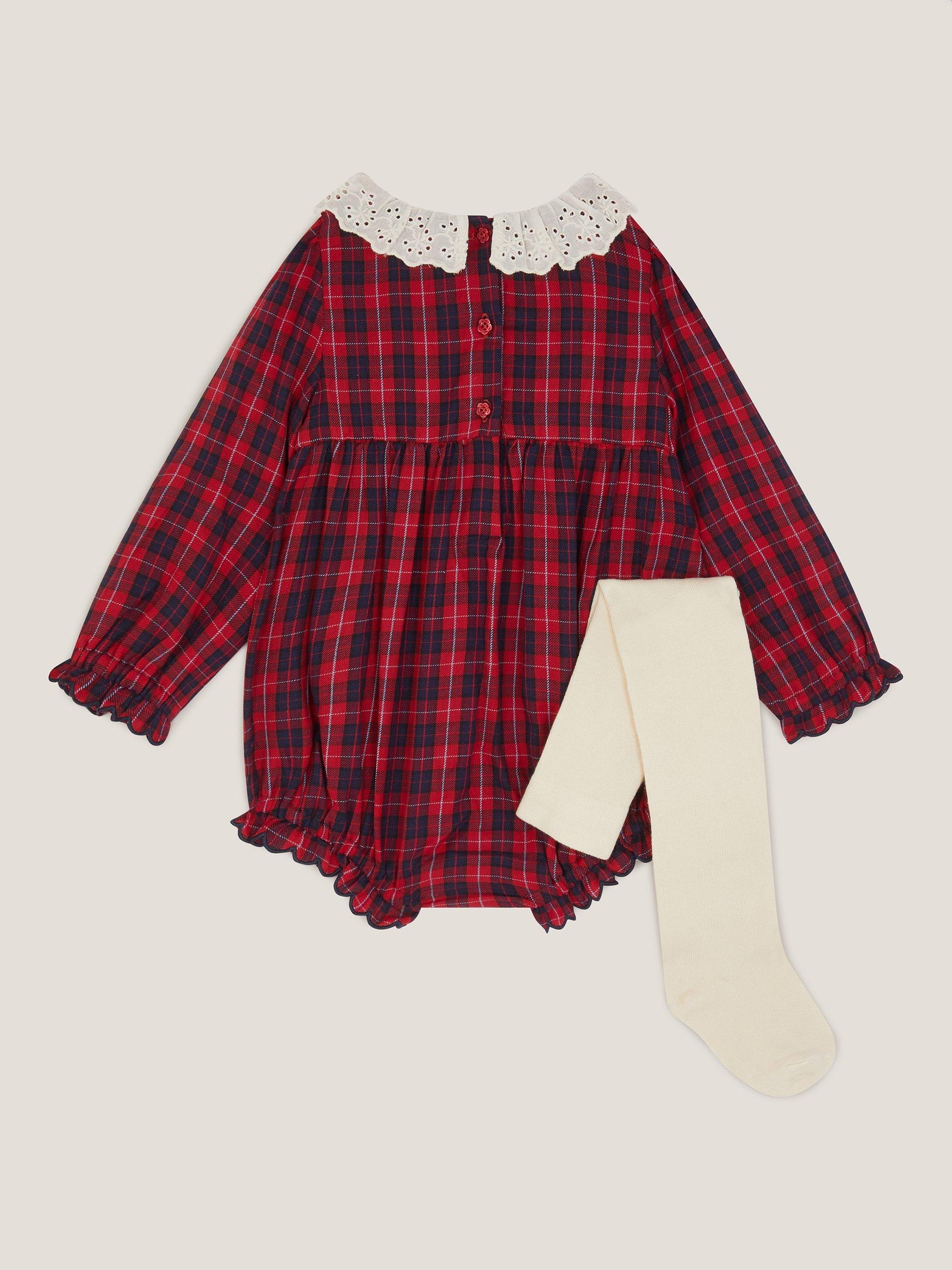 Product image 2 of 3, which shows Monsoon Baby Cotton Tartan Romper Set, Red, 0-3 months