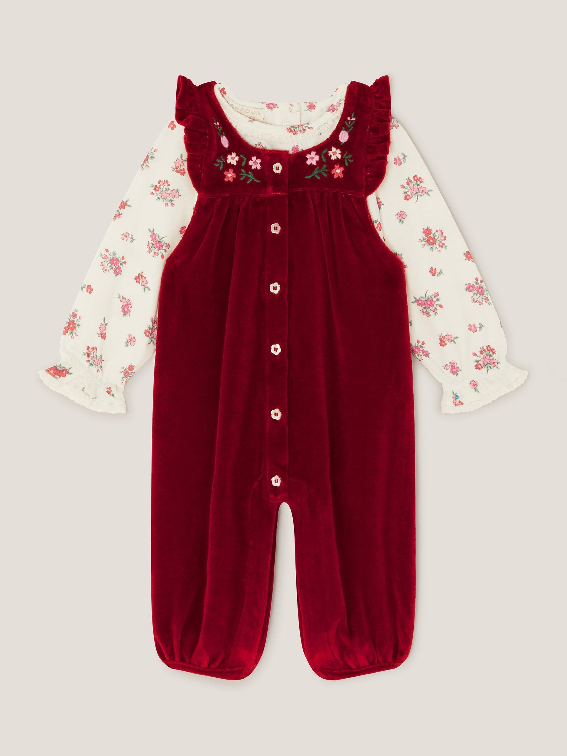 Product image 1 of 3, which shows Monsoon Baby Velour Dungarees Set, Red, 0-3 months