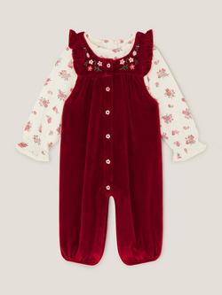 Monsoon Baby Velour Dungarees Set, Red, Red