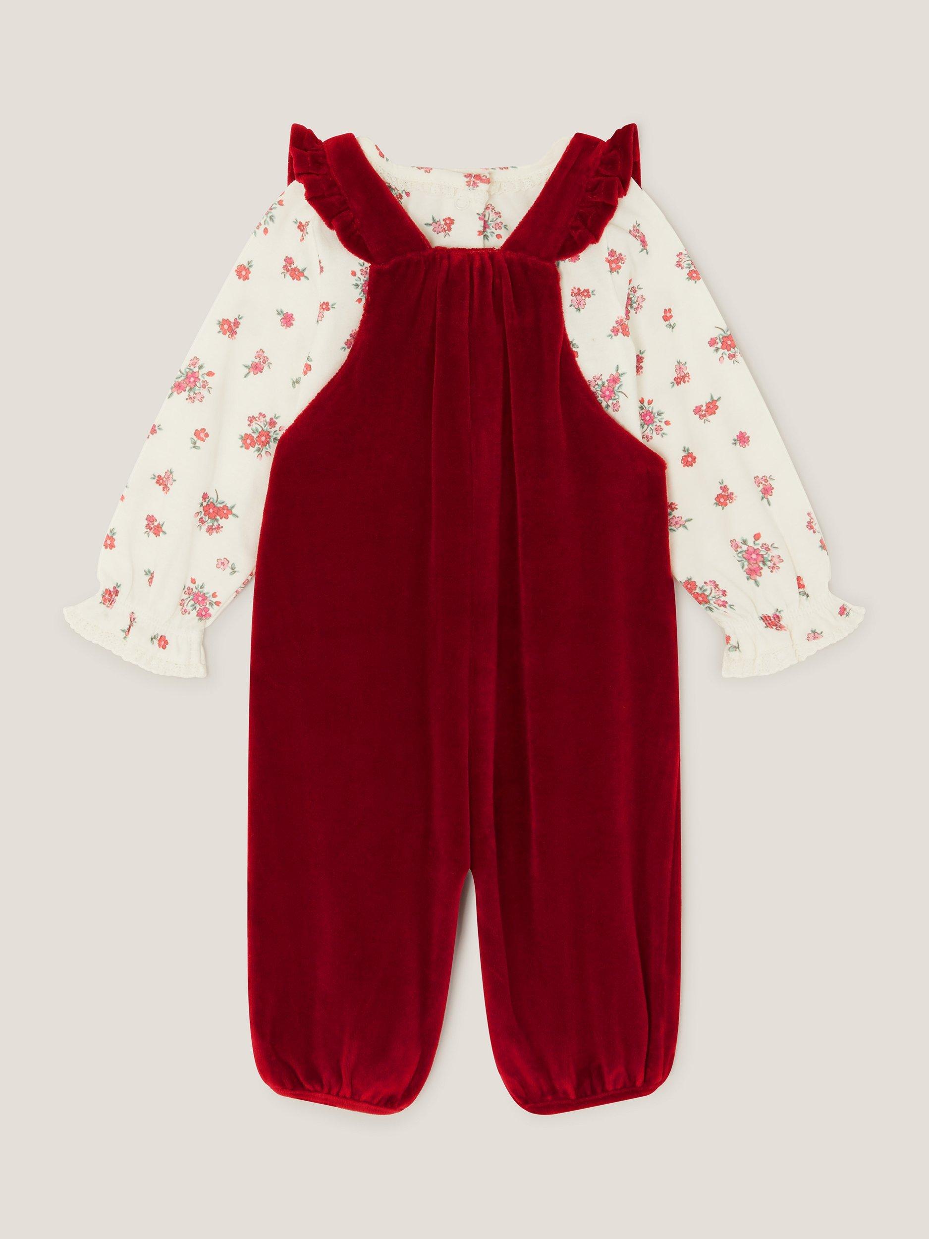 Product image 2 of 3, which shows Monsoon Baby Velour Dungarees Set, Red, 0-3 months