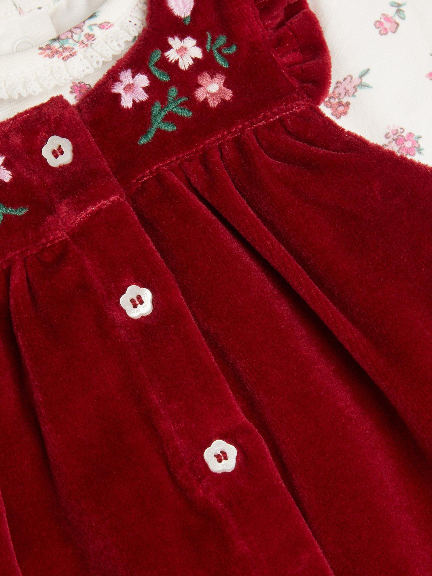 Product image 3 of 3, which shows Monsoon Baby Velour Dungarees Set, Red, 0-3 months