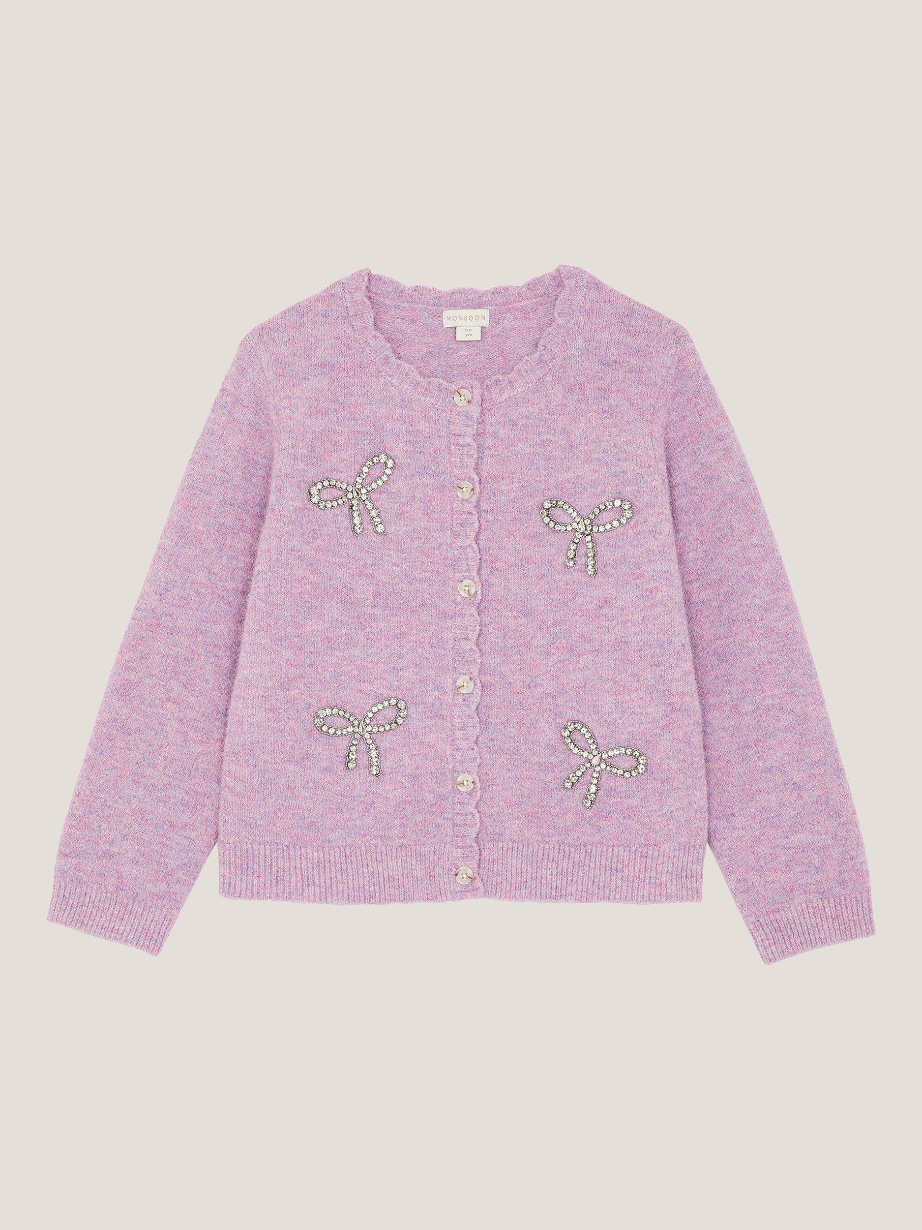 Product image 1 of 3, which shows Monsoon Child Embroidered Bow Cardigan, Purple, 9-10 years