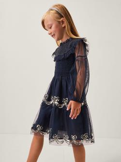 Monsoon Kids' Long Sleeved Bow Mesh Dress, Navy, Navy