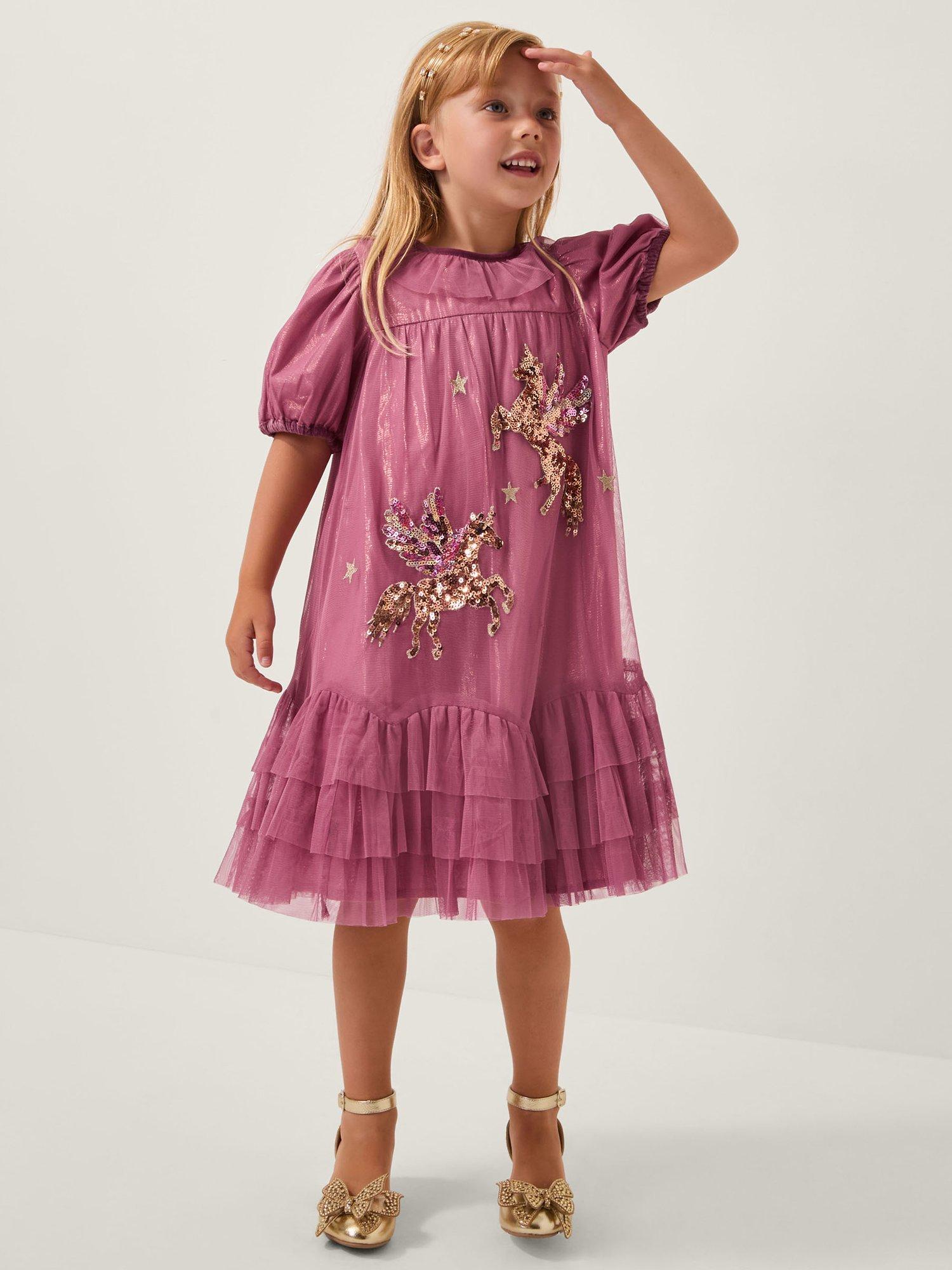 Monsoon Kids' Short Sleeved Sequin Unicorn Christmas Dress, Pink