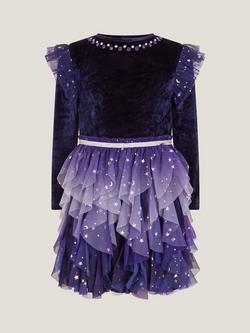 Monsoon Kids' Cosmic Velour Disco Dress, Navy - view 2, Navy