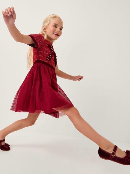 Monsoon Kids' Diamanté Bow Tweed Party Dress, Red, Red