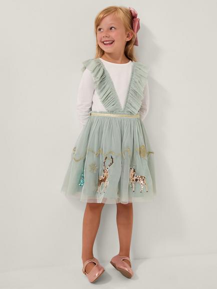 Monsoon Kids' Enchanted Tulle Ruffle Christmas Dress, Green, Green