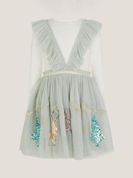 Monsoon Kids' Enchanted Tulle Ruffle Christmas Dress, Green - view 2, Green
