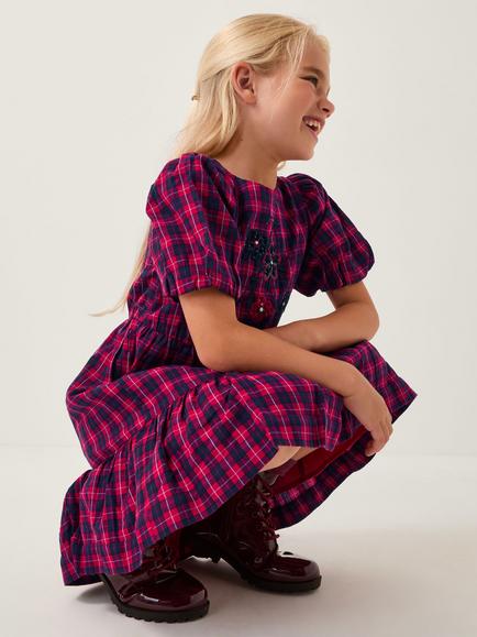Monsoon Kids' Cotton Tartan Puff Sleeve Dress, Red, Red