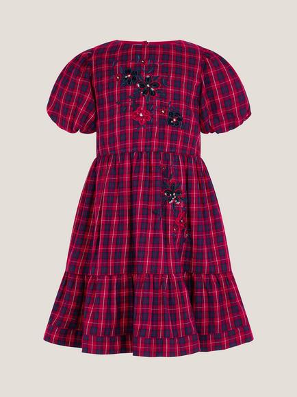 Monsoon Kids' Cotton Tartan Puff Sleeve Dress, Red - view 2, Red