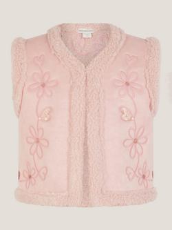 Monsoon Kids' Suedette Floral Embroidered Gilet, Pink - view 2, Pink