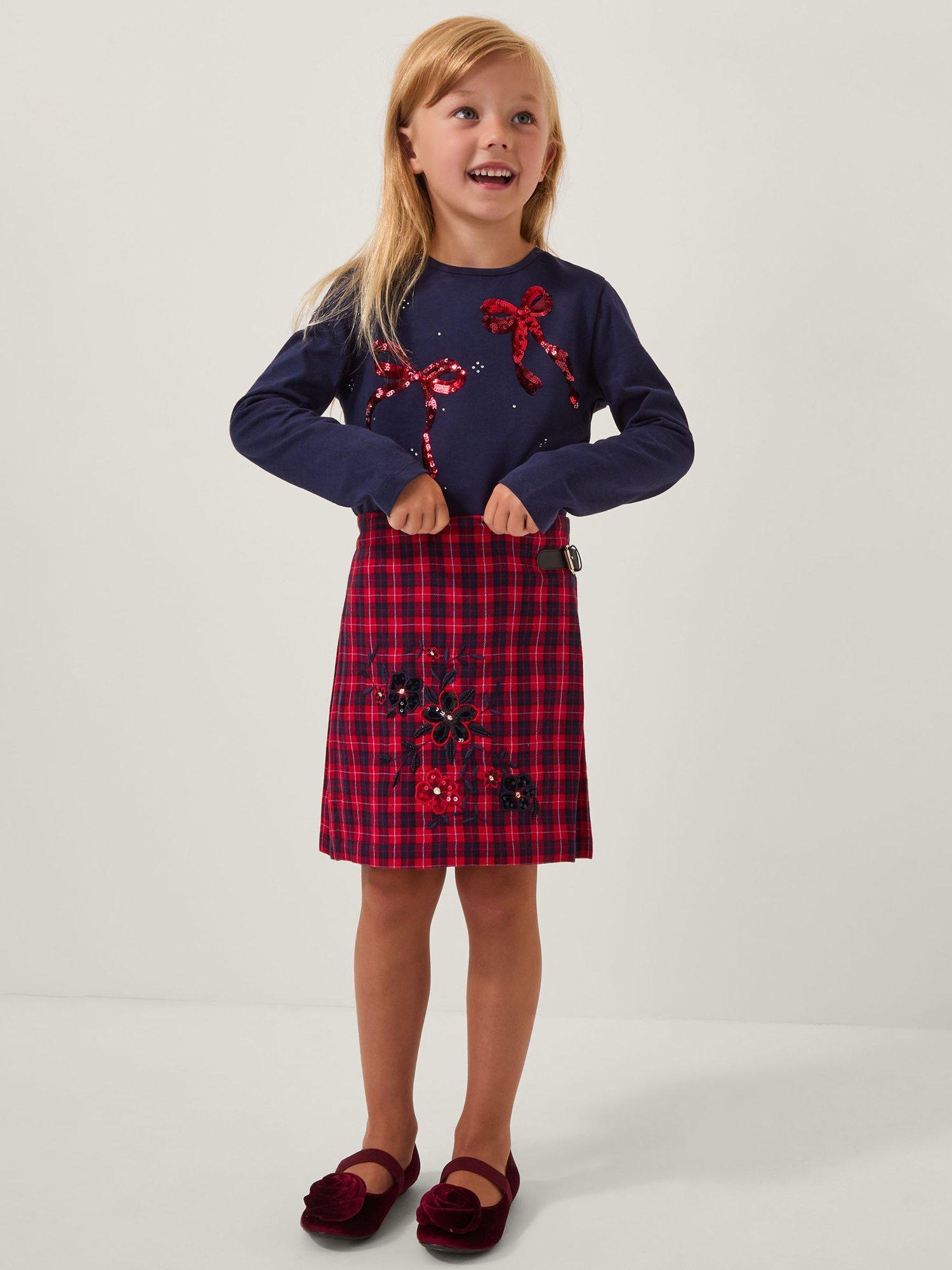 Product image 1 of 4, which shows Monsoon Kids' Sequin Tartan Kilt, Red, 3-4 years