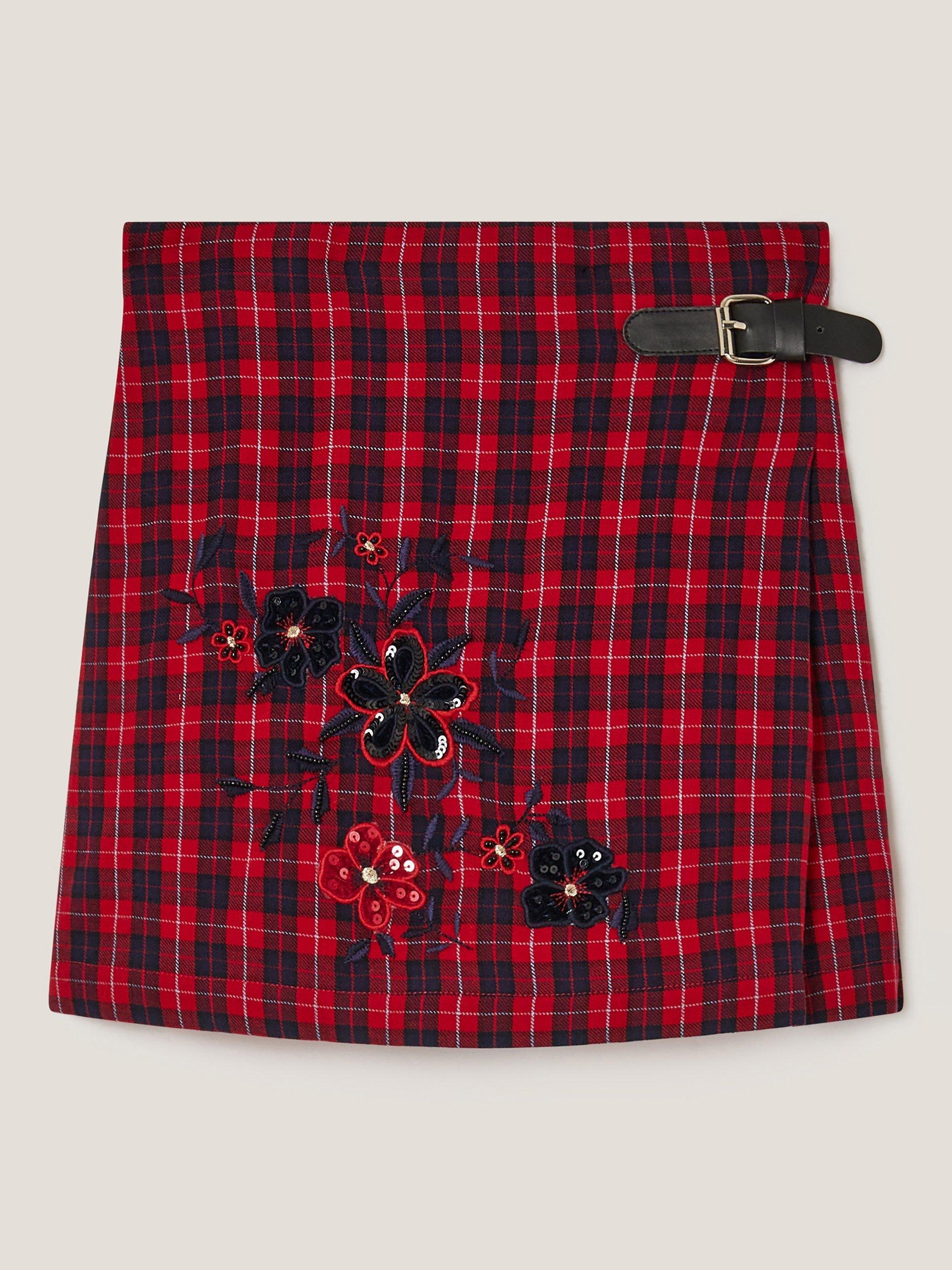 Product image 2 of 4, which shows Monsoon Kids' Sequin Tartan Kilt, Red, 3-4 years