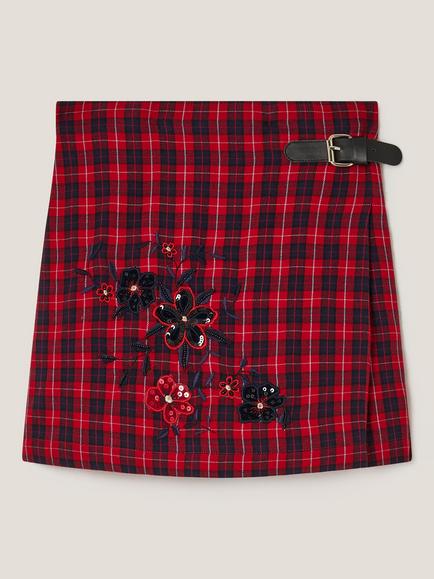 Monsoon Kids' Sequin Tartan Kilt, Red - view 2, Red