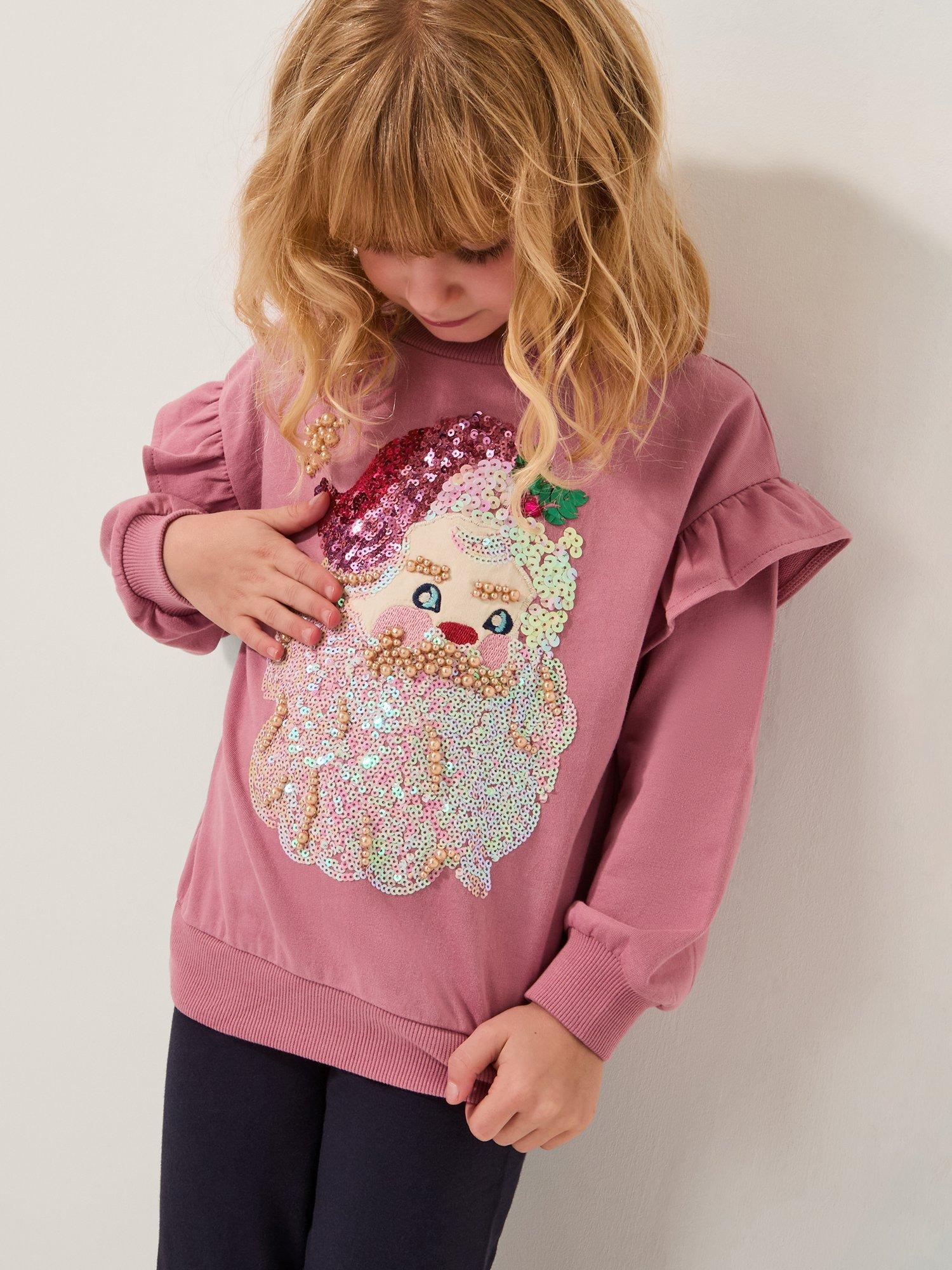 Product image 1 of 4, which shows Monsoon Kids' Cotton Sequin Santa Sweatshirt, Pink, 3-4 years