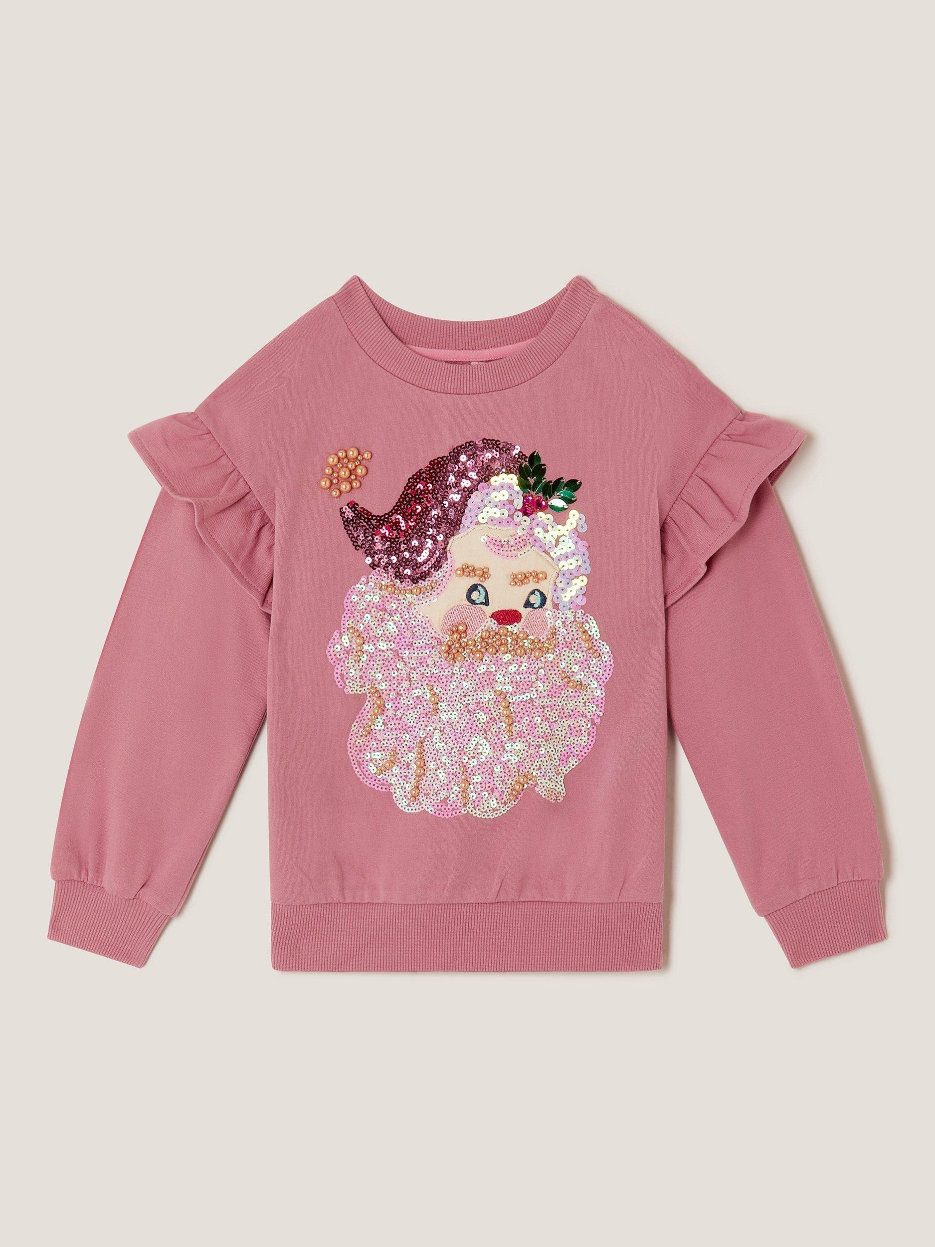 Product image 2 of 4, which shows Monsoon Kids' Cotton Sequin Santa Sweatshirt, Pink, 3-4 years