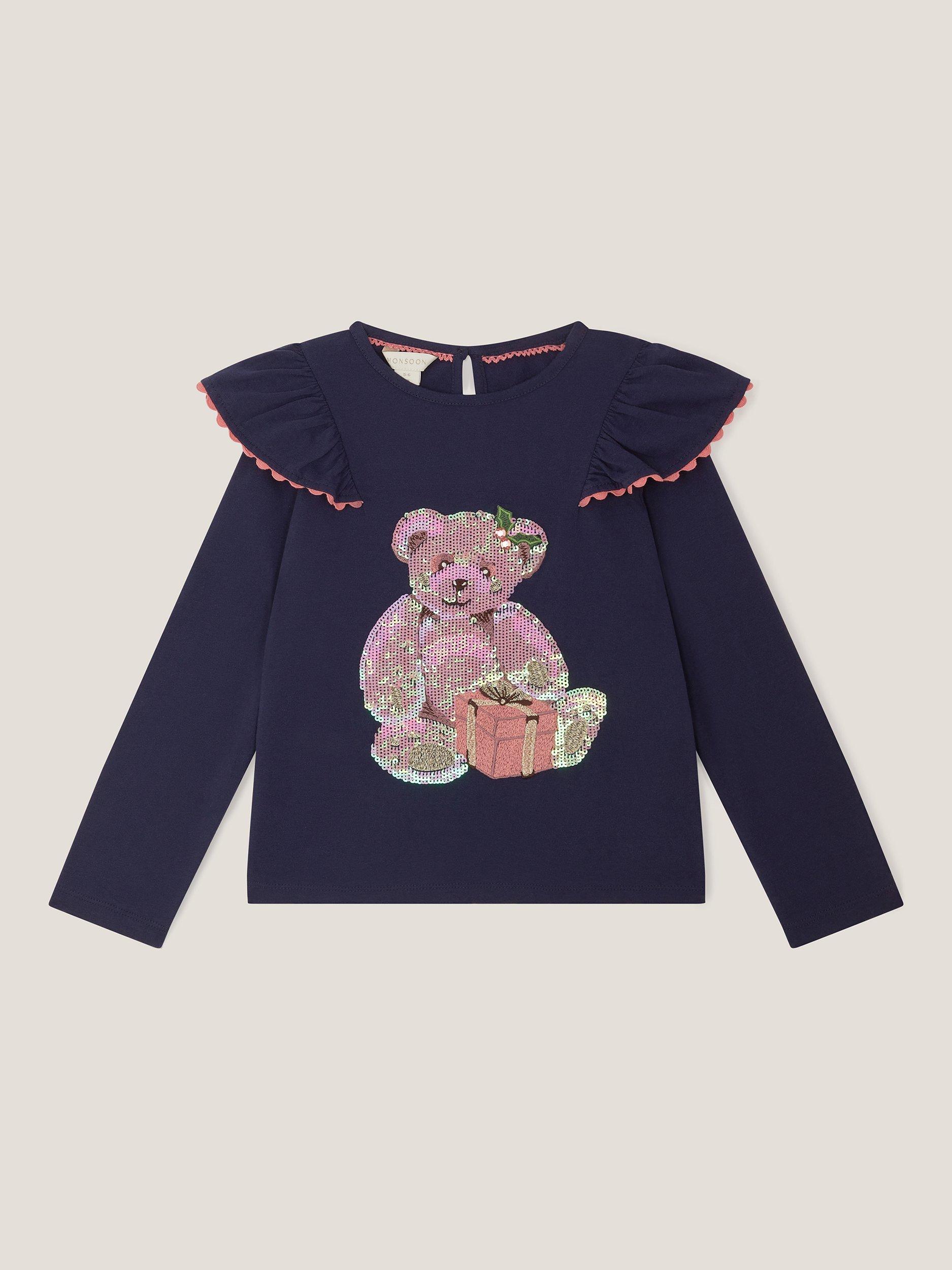 Product image 2 of 4, which shows Monsoon Kids' Cotton Sequin Christmas Bear Top, Navy, 3-4 years