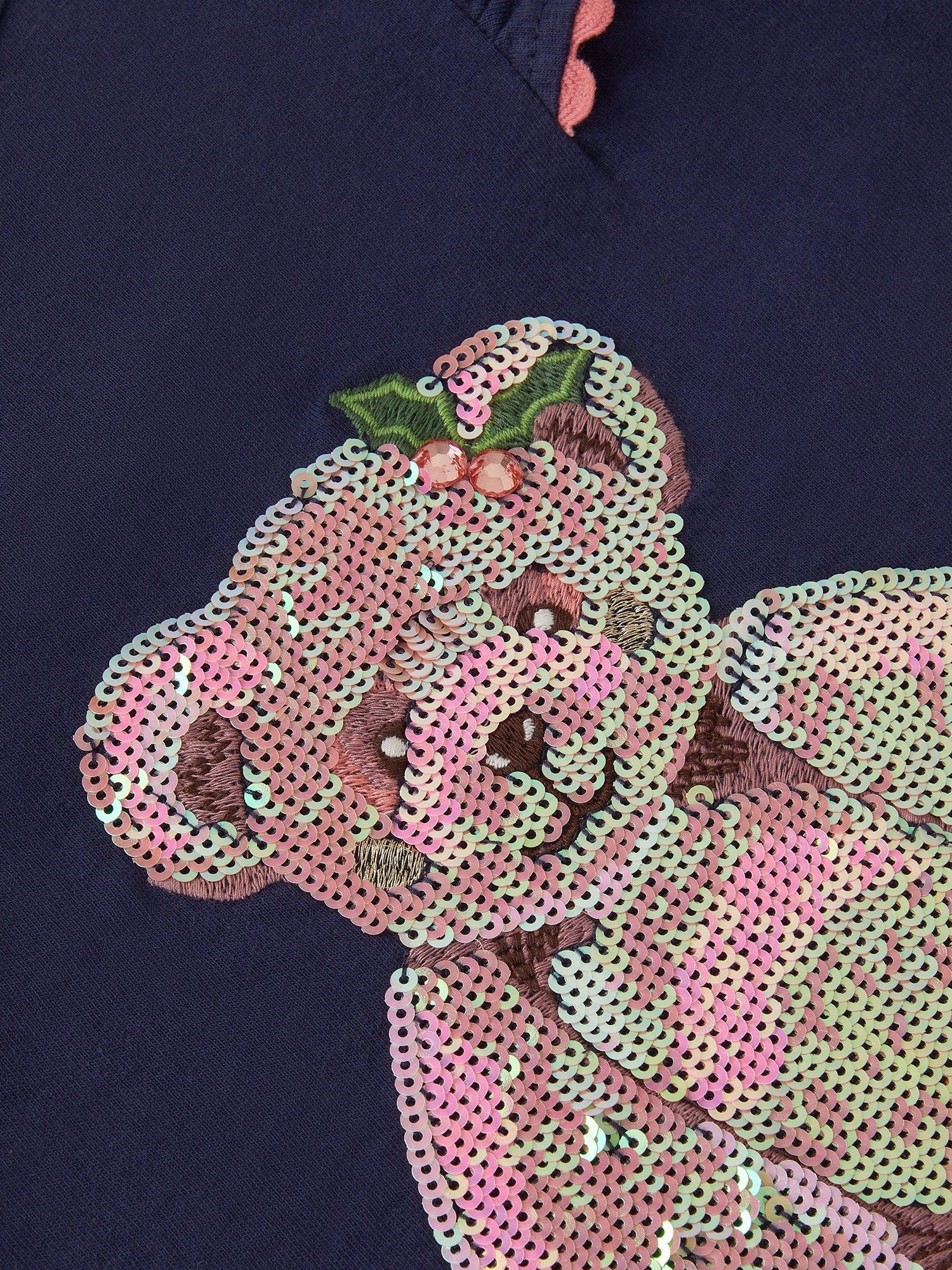 Product image 4 of 4, which shows Monsoon Kids' Cotton Sequin Christmas Bear Top, Navy, 3-4 years
