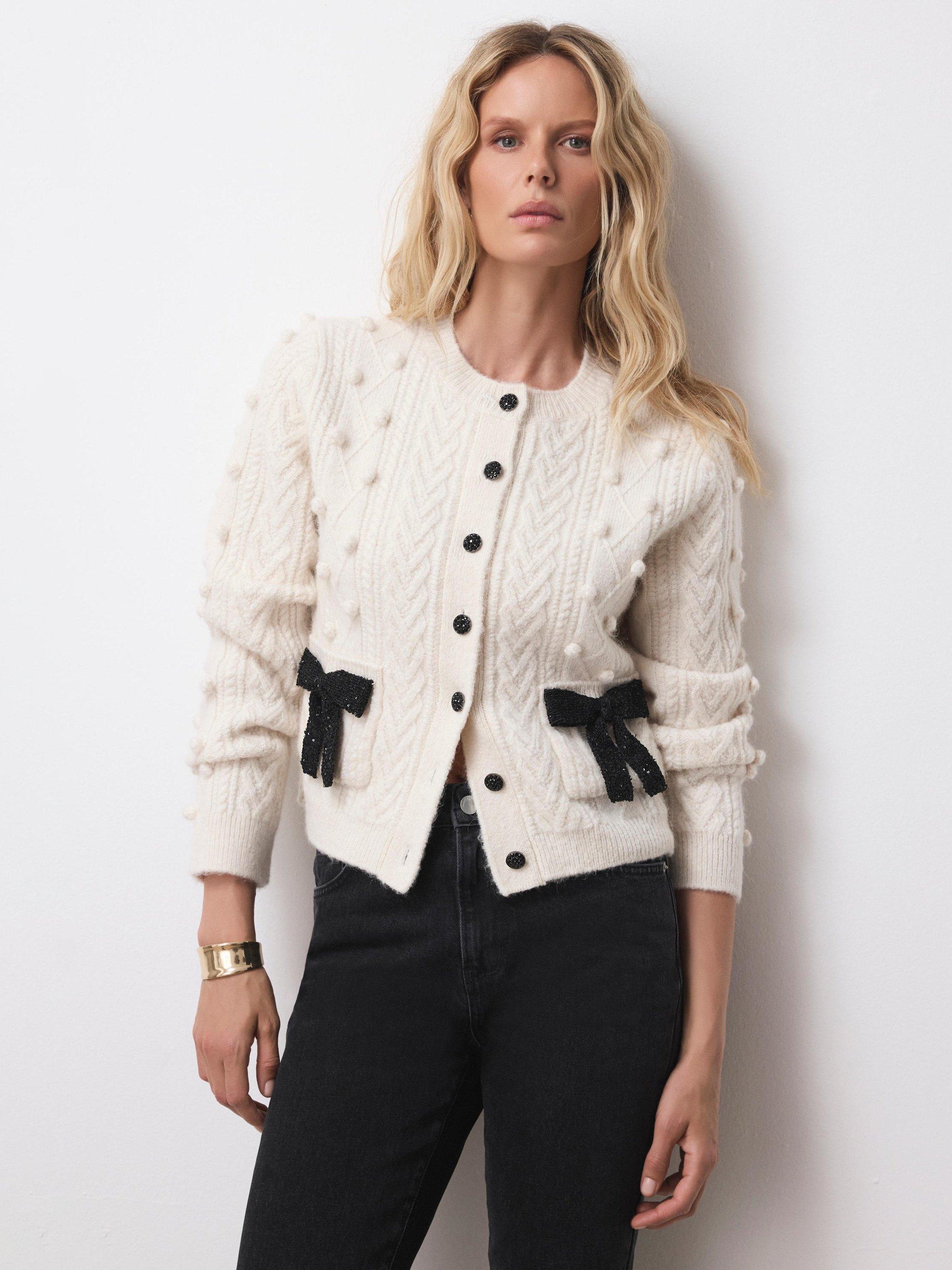 Mint Velvet Wool Blend Bobble Knit Bow Trim Cardigan, Cream/Multi