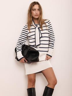 Mint Velvet Stripe Knit Tie Neck Mini Dress, Black/Multi, Cream/Multi