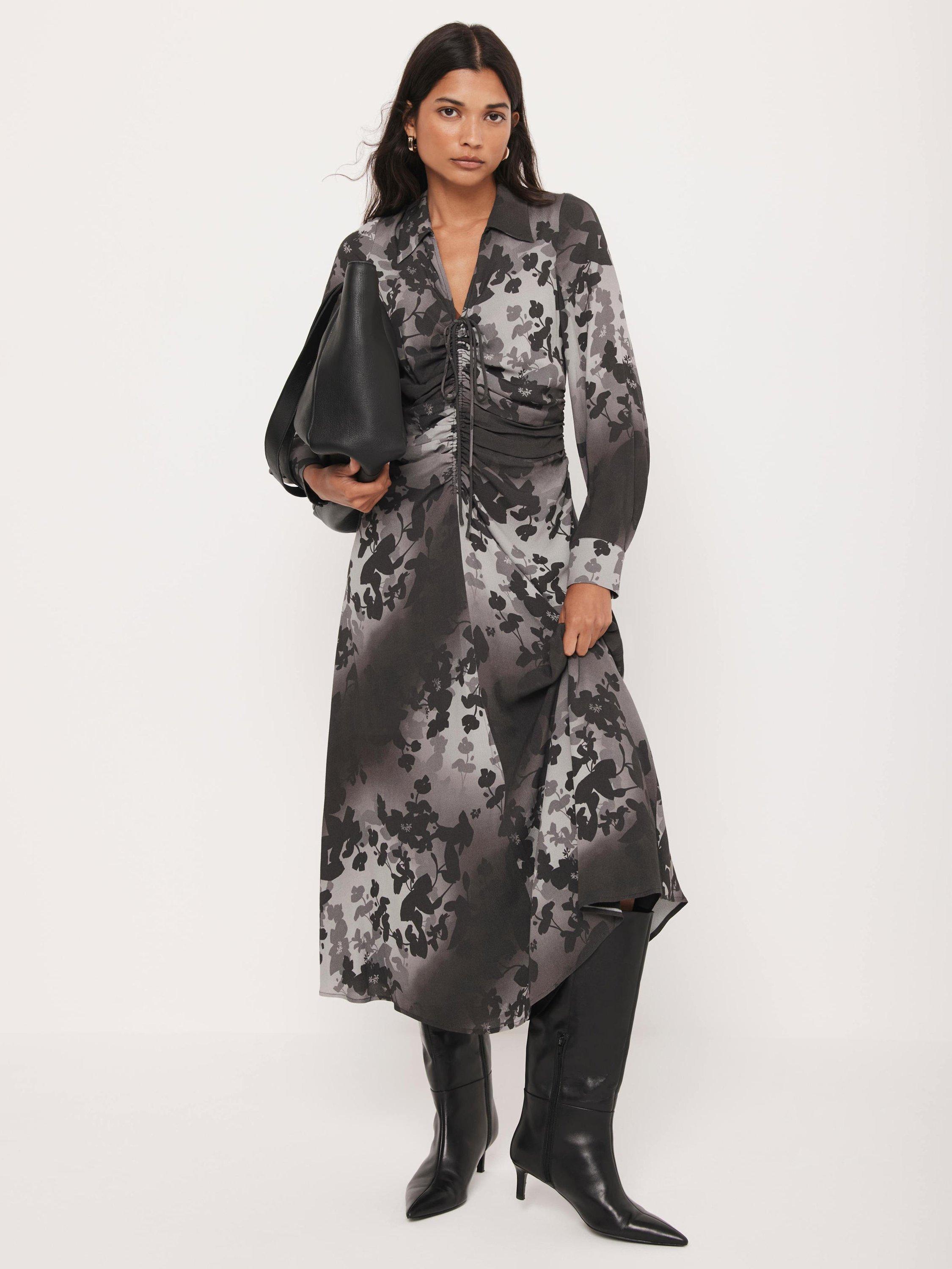 Product image 1 of 8, which shows Mint Velvet Floral Collared Midi Dress, Black/Multi, 6