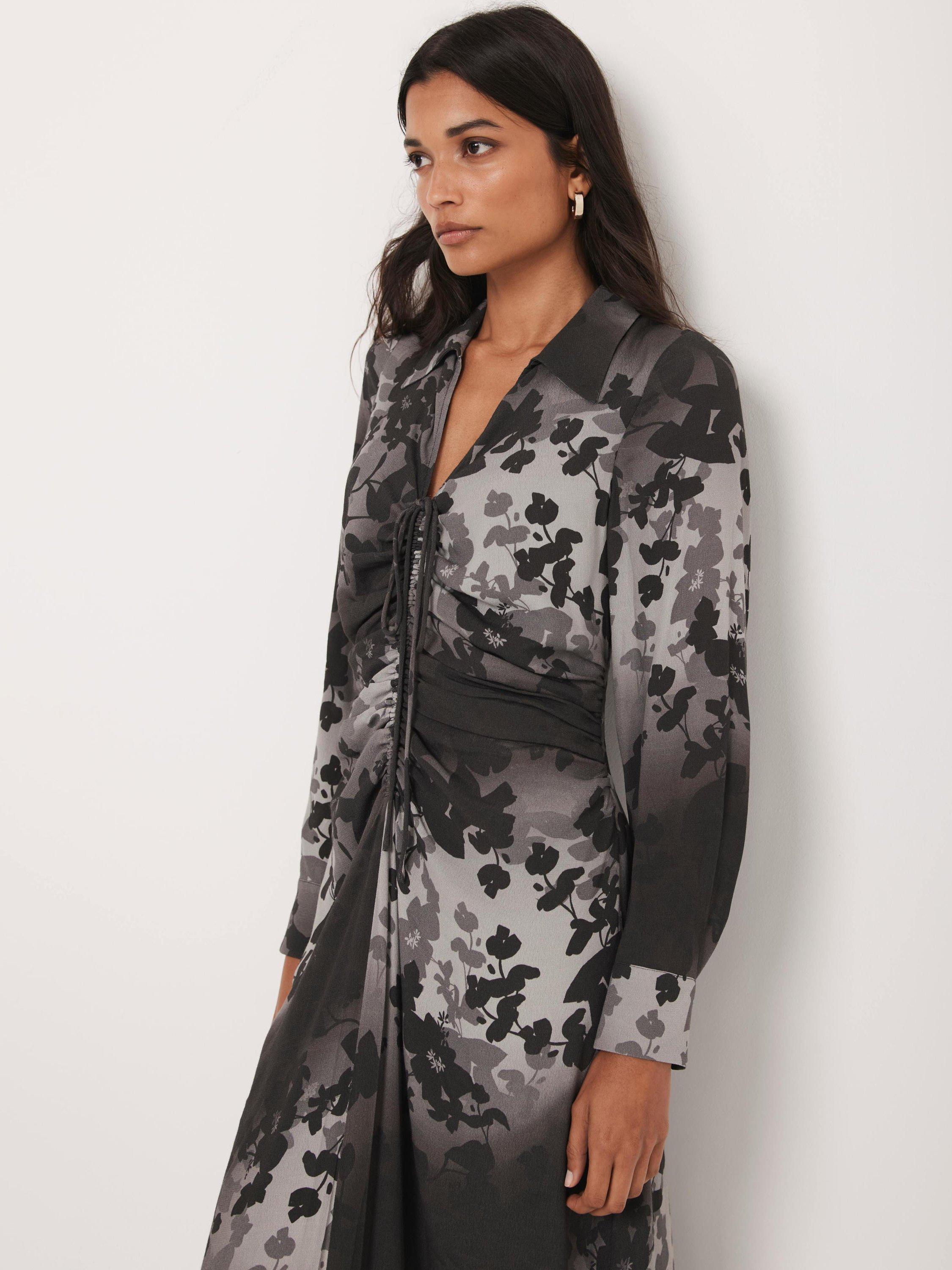 Product image 4 of 8, which shows Mint Velvet Floral Collared Midi Dress, Black/Multi, 6