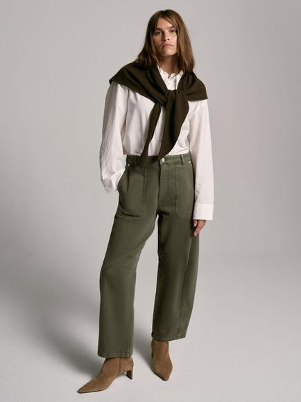 Mint Velvet Cotton Blend Barrel Leg Jeans, Green Khaki, Green Khaki