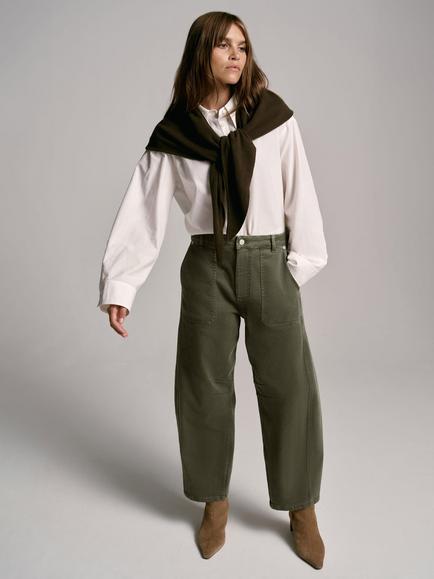 Mint Velvet Cotton Blend Barrel Leg Jeans, Green Khaki - view 2, Green Khaki