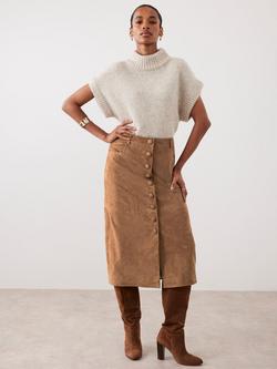 Mint Velvet Button Front Pure Suede Midi Skirt, Brown Tan, Brown Tan