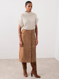 Mint Velvet Button Front Pure Suede Midi Skirt, Brown Tan - view 2, Brown Tan