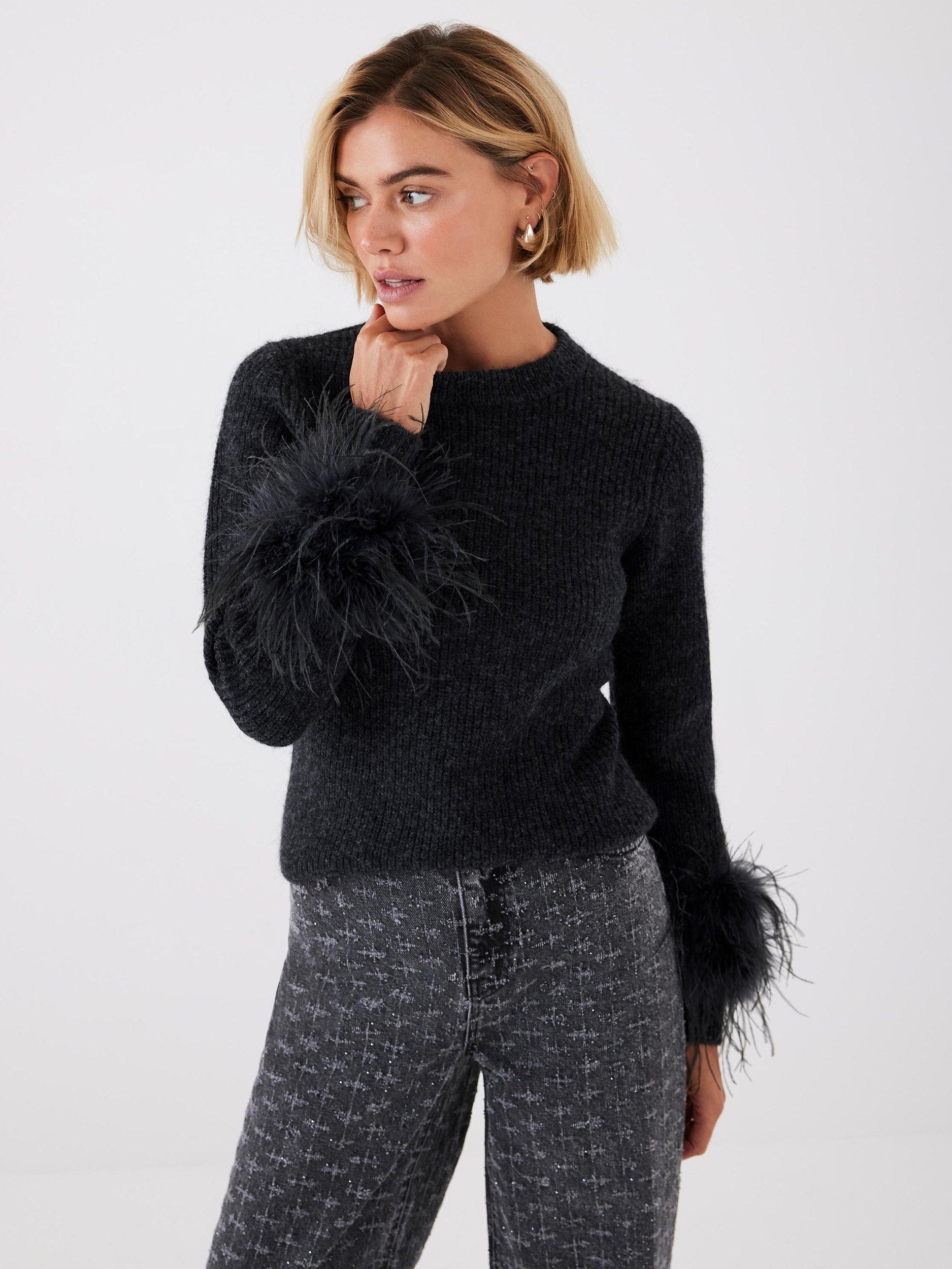 Product image 1 of 7, which shows Mint Velvet Feather Trim Jumper, Grey, L