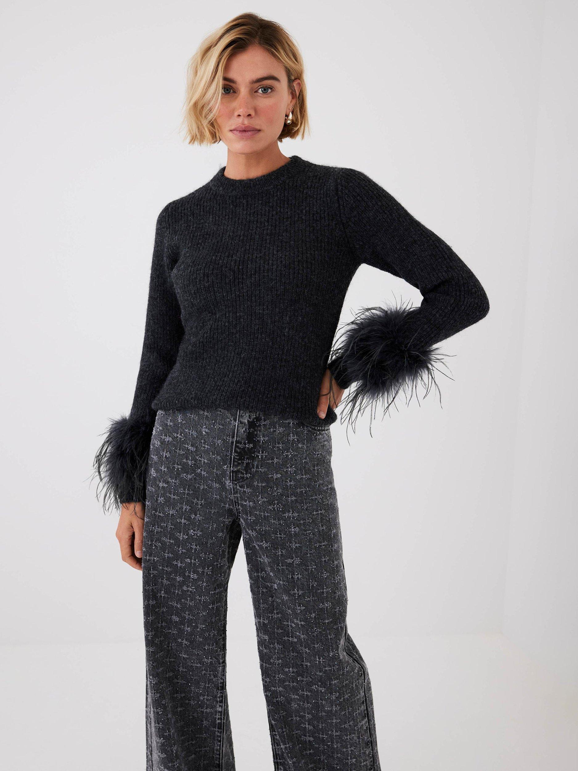 Product image 3 of 7, which shows Mint Velvet Feather Trim Jumper, Grey, L