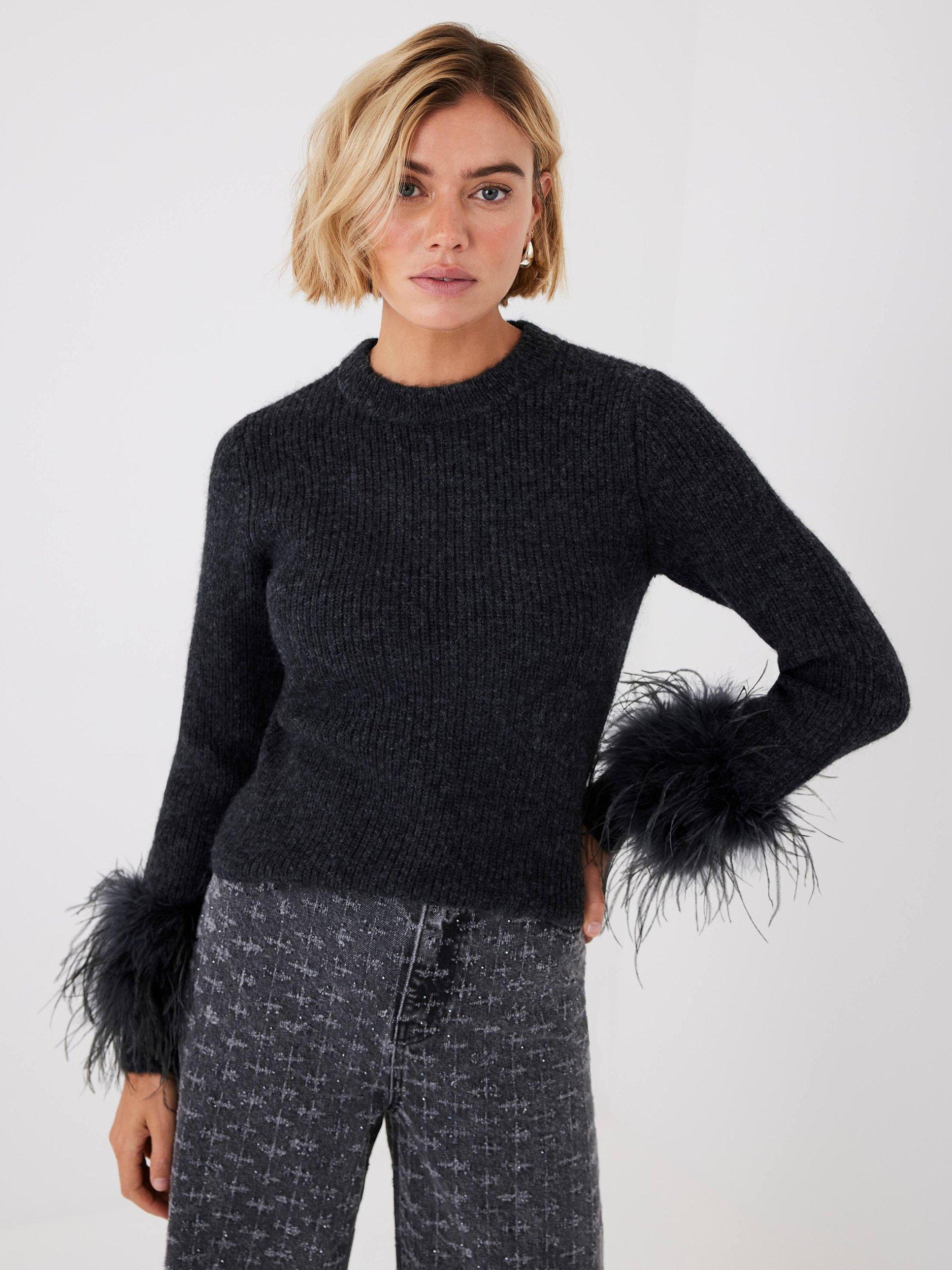 Product image 5 of 7, which shows Mint Velvet Feather Trim Jumper, Grey, L