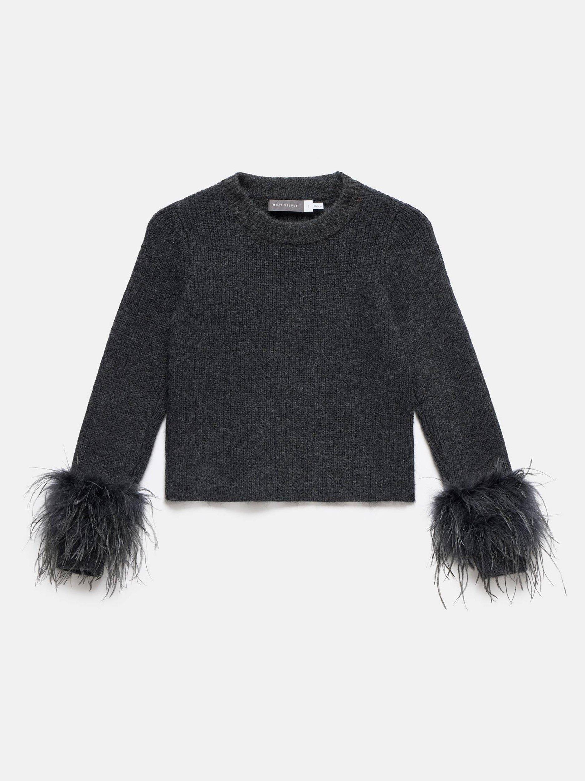 Product image 6 of 7, which shows Mint Velvet Feather Trim Jumper, Grey, L