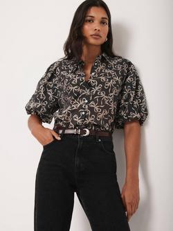 Mint Velvet Bow Print Cropped Shirt, Black, Black