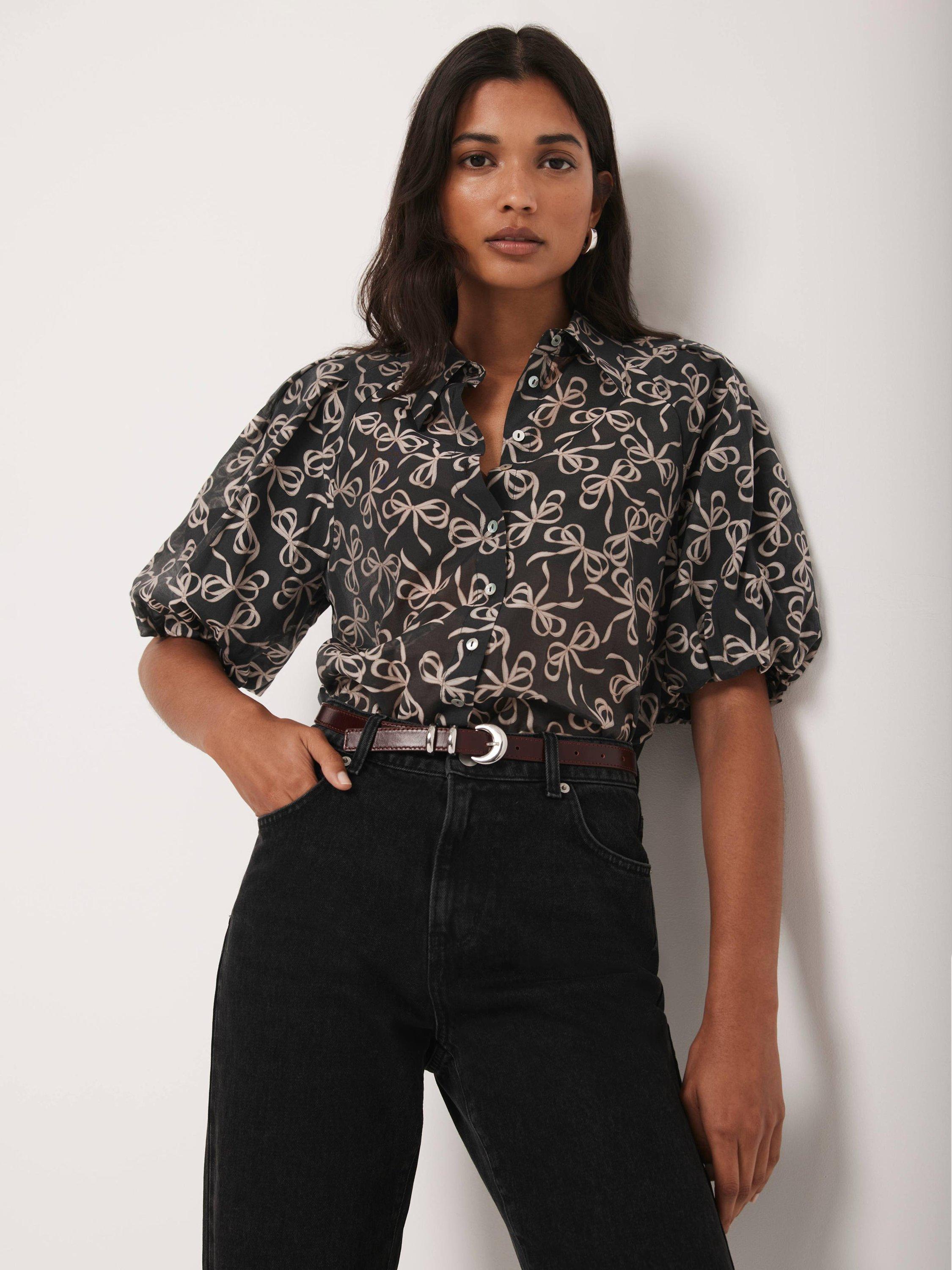 Product image 2 of 7, which shows Mint Velvet Bow Print Cropped Shirt, Black, XS