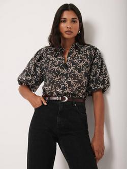 Mint Velvet Bow Print Cropped Shirt, Black - view 2, Black