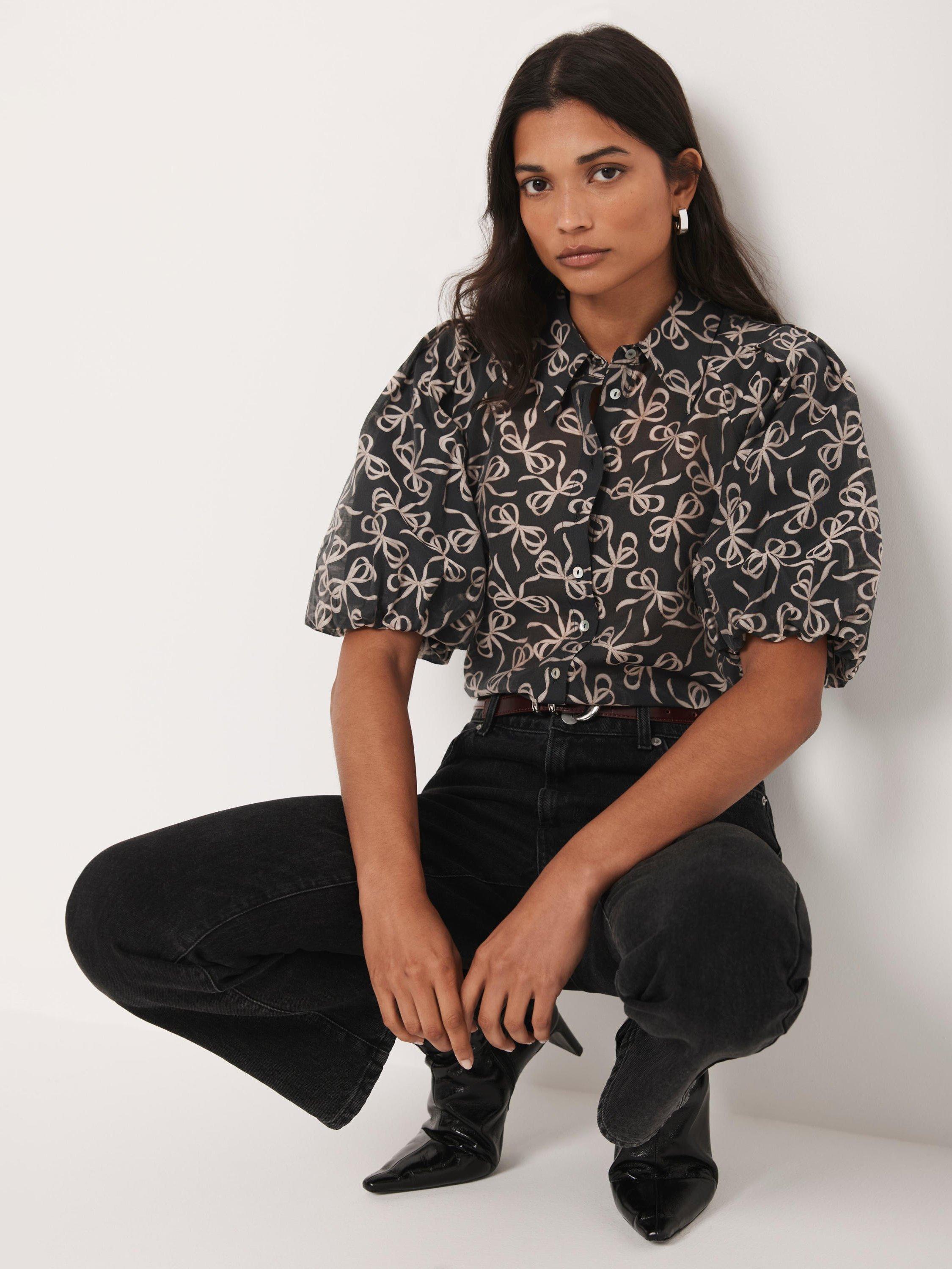 Product image 3 of 7, which shows Mint Velvet Bow Print Cropped Shirt, Black, XS