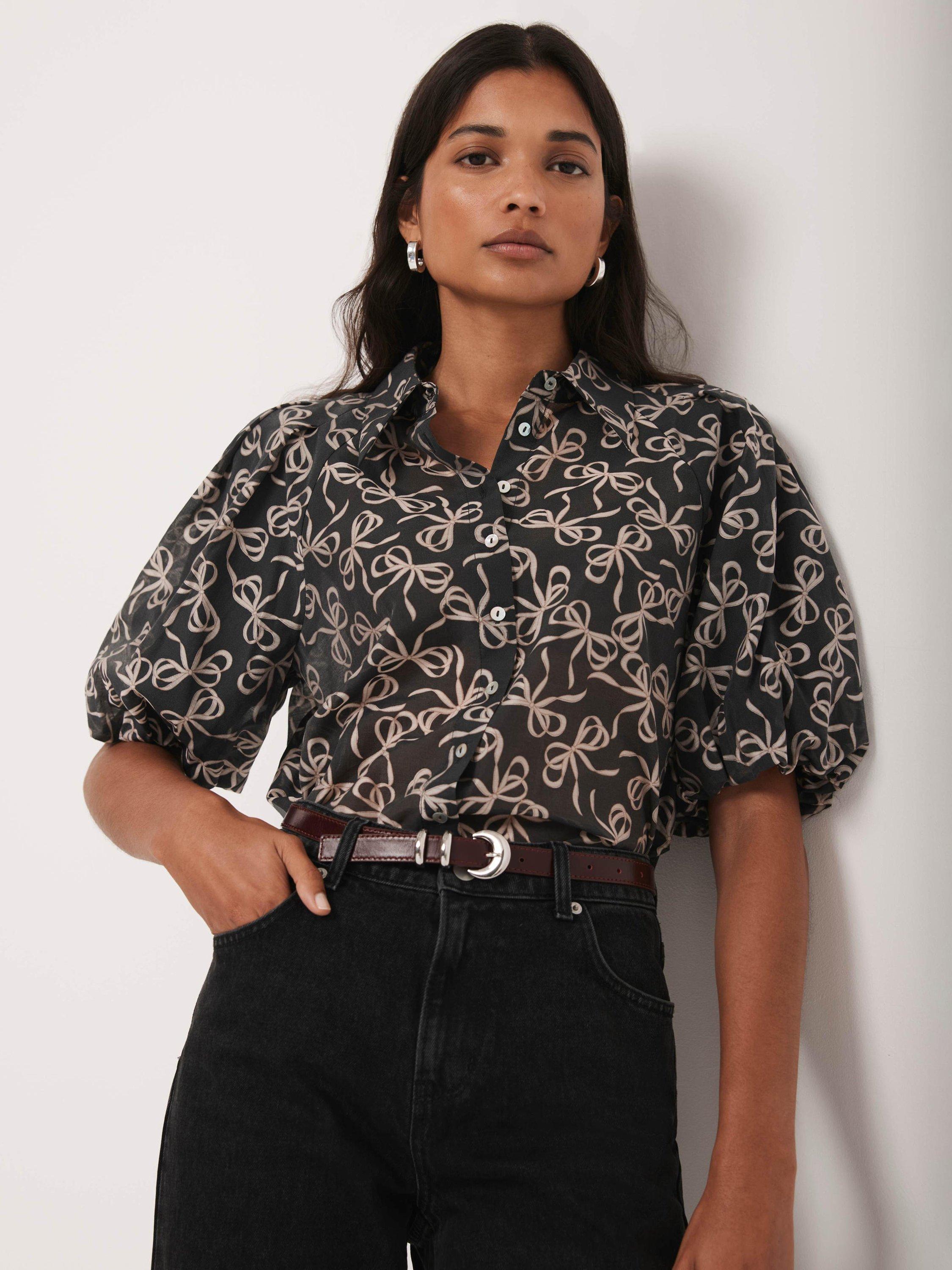 Product image 5 of 7, which shows Mint Velvet Bow Print Cropped Shirt, Black, XS