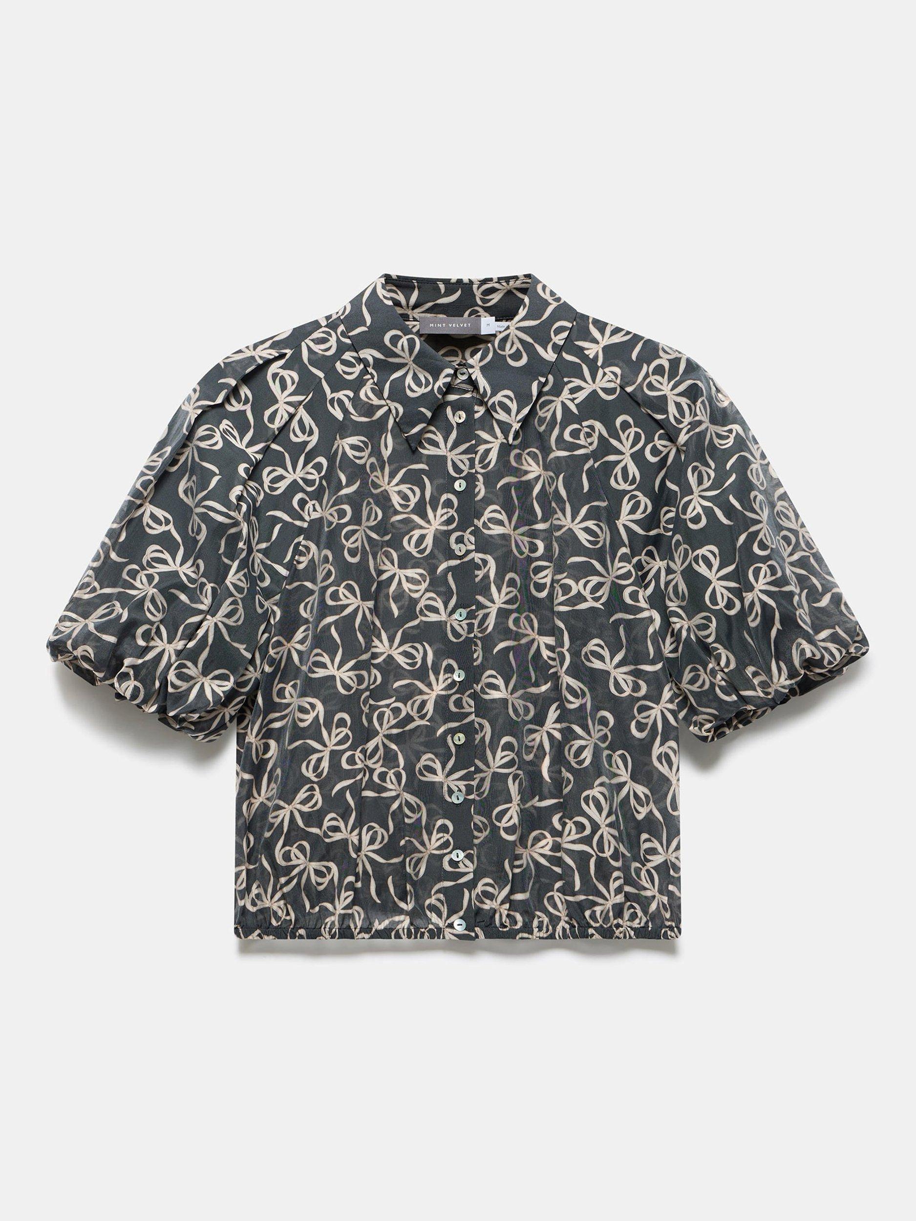 Product image 6 of 7, which shows Mint Velvet Bow Print Cropped Shirt, Black, XS