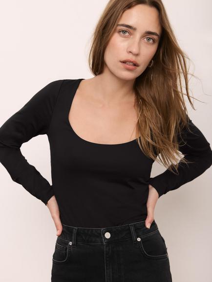 Mint Velvet Scoop Neck Long Sleeve Top, Black, Black