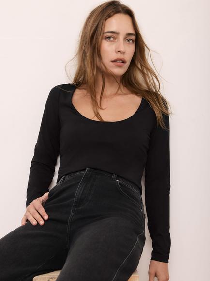 Mint Velvet Scoop Neck Long Sleeve Top, Black - view 2, Black