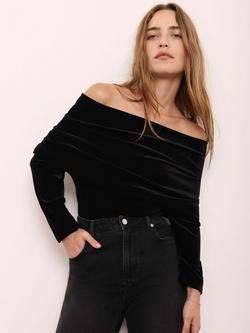 Mint Velvet Velvet Bardot Top, Black - view 2, Black