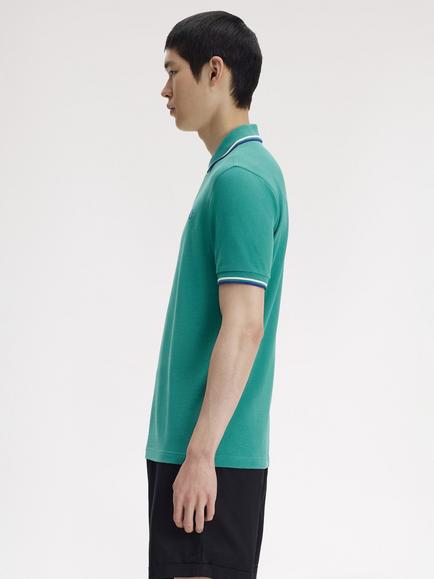 Fred Perry Twin Tipped Cotton Regular Fit Short Sleeve Polo Shirt, Deep Mint/Multi - view 2, Deep Mint/Multi