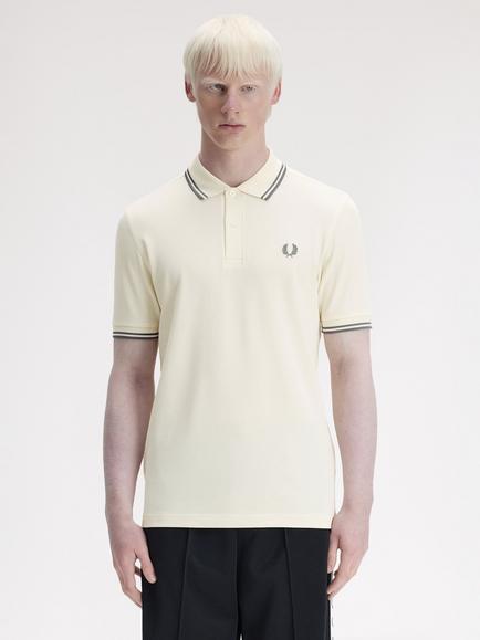 Fred Perry Twin Tipped Cotton Regular Fit Short Sleeve Polo Shirt, Ecru/Multi, Ecru/Multi