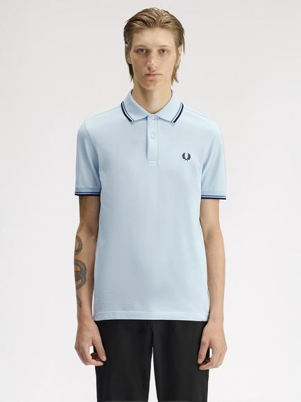 Fred Perry Twin Tipped Cotton Regular Fit Short Sleeve Polo Shirt, Light Ice/Multi, Light Ice/Multi