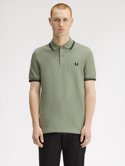Fred Perry Twin Tipped Cotton Regular Fit Short Sleeve Polo Shirt, Seagrass/Black, Seagrass/Black