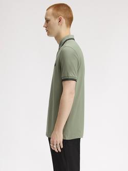Fred Perry Twin Tipped Cotton Regular Fit Short Sleeve Polo Shirt, Seagrass/Black - view 2, Seagrass/Black